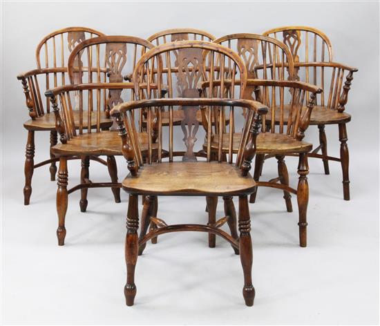A harlequin set of six 19th century elm, ash and yew Windsor chairs, H.2ft 11in.